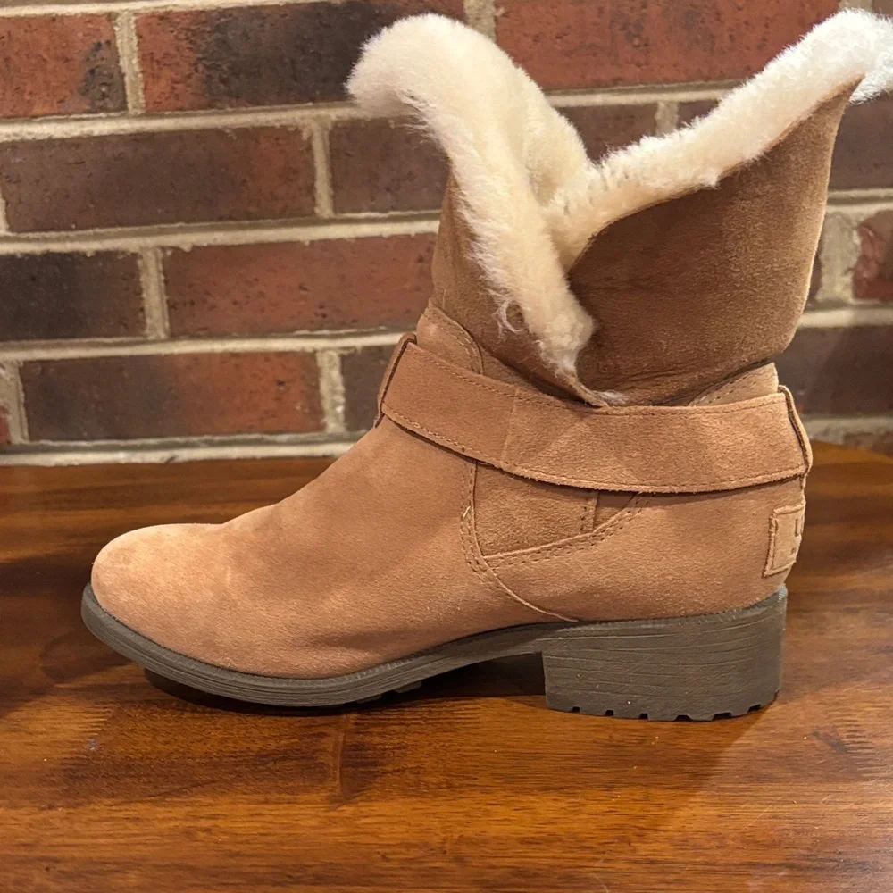 UGG Chestnut Suede Fur-Lined Ankle Boots with Buckle - Picture 8 of 16